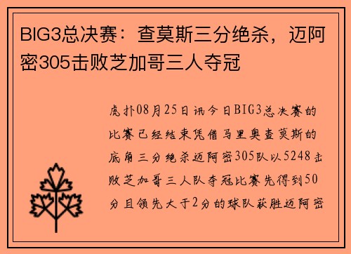 BIG3总决赛：查莫斯三分绝杀，迈阿密305击败芝加哥三人夺冠