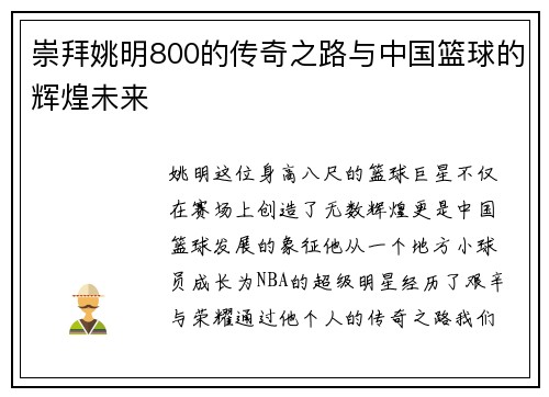 崇拜姚明800的传奇之路与中国篮球的辉煌未来